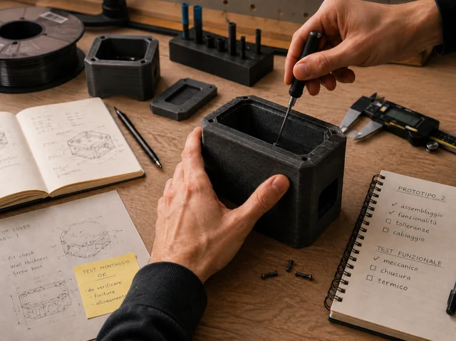 Prototipo FDM con layer di stampa visibili durante la verifica